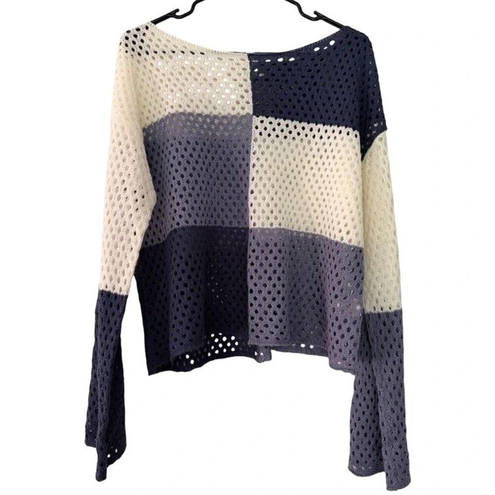 Hem & Thread Colorblock Navy Cream Purple Checkered Knit Sweater - Size Large